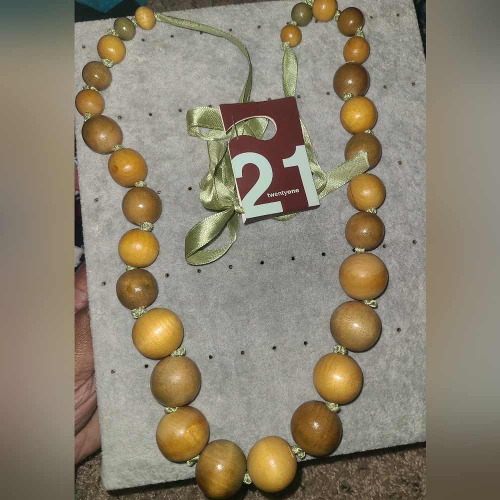 Forever 21 Natural Wooden Bead Necklace - Mint Green and Brown
